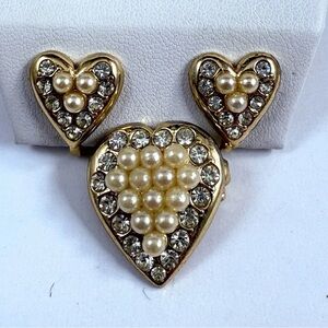 Vintage Heart Brooch & Earrings Set – Faux Pearls & Clear Rhinestones, Gold-Tone